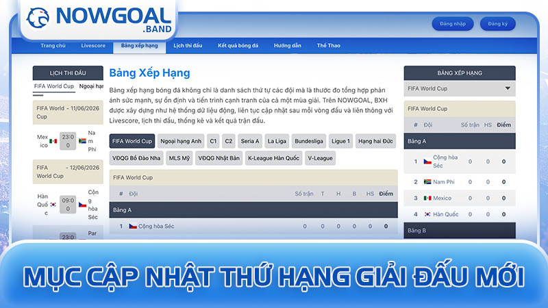 Mục cập nhật thứ hạng giải đấu mới